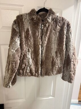 Olivaceous Faux Fur Bomber Jacket - Taupe Grey - Size M - Jackie Bomber